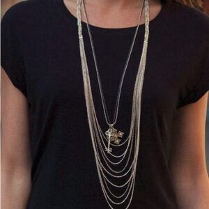 STELLA & DOT Silver Gun Metal tone KEY CROSS COIN Labradorite Pendant Necklace